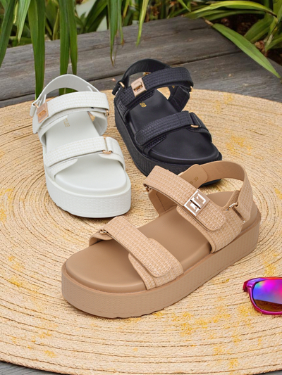 Royalfashion Kallisto – Weiße Damen Sandalen mit Plateau, Öko-Leder