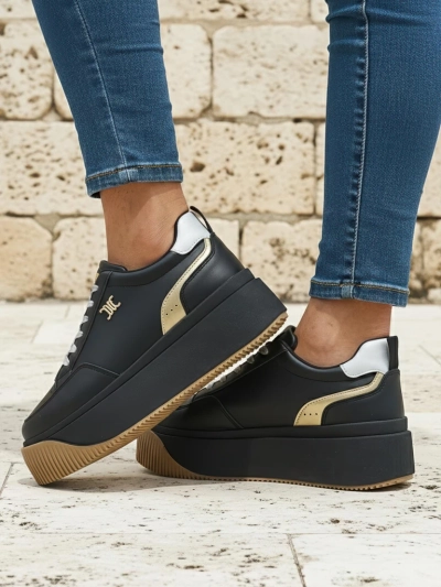 Damen-Sneakers Hypatia Nero aus Öko-Leder mit 5 cm Plateausohle