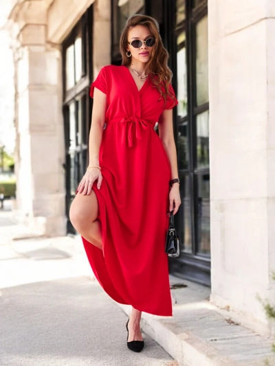Royalfashion Damen-Midikleid mit Wickelausschnitt, kurzen Ärmeln und einem Gürtel