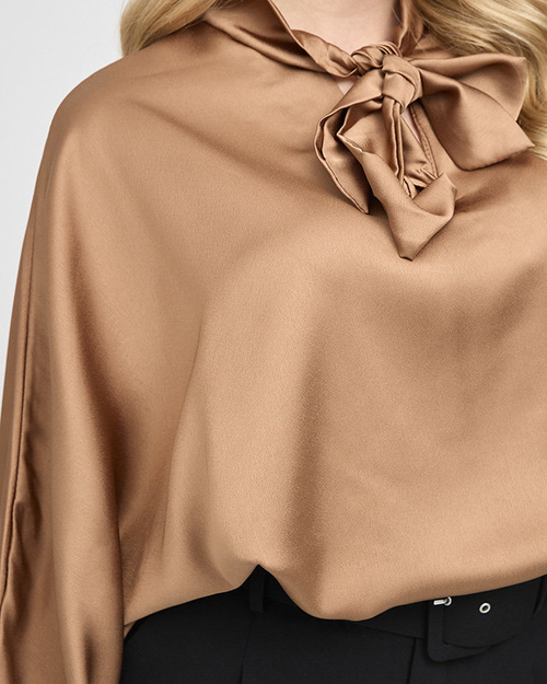 Жіноча коричнева довга атласна блуза на зав'язках - Одяг