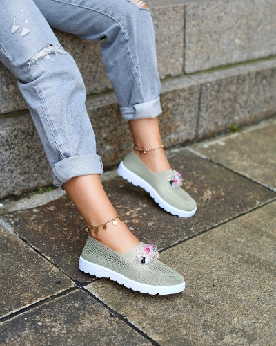 Royalfashion Khaki Damen Stoff Mokassins mit Kristallen Fezens
