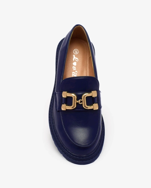 Жіночі мокасини Royalfashion темно-синього кольору з золотистим декором Aderica