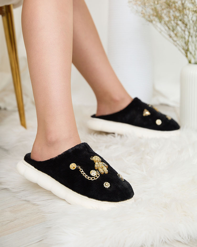 Royalfashion Schwarze Damenpelzpantoffeln mit Ornamenten Erserra