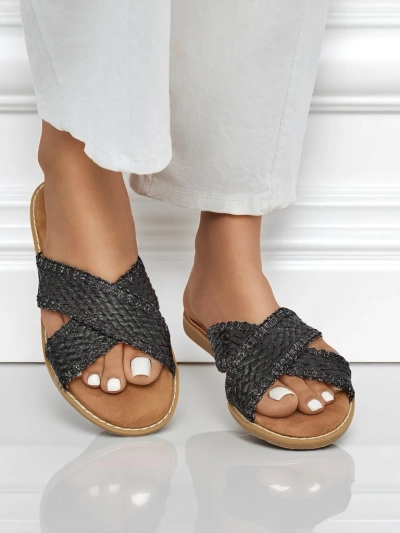 Damen-Sandalen Calista Nero flach, schwarzes Geflecht, Öko-Leder