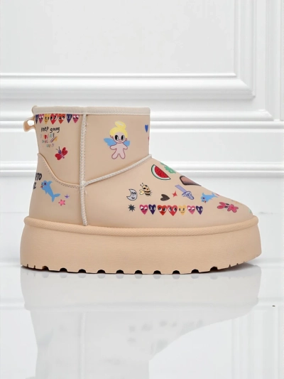Gefütterte Callisto Angelico Stiefel mit Kinderzeichnungen auf Plateau Beige