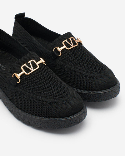 Royalfashion Schwarze Damen Stoffmokassins mit Goldverzierung Ertica