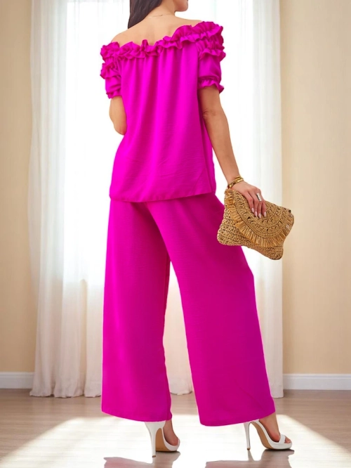 Royalfashion жіночий комплект з блузою без рукавів з короткими рукавами та декоративним вирізом та широкими штанами
