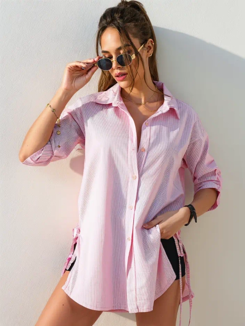 Royalfashion Бавовняна довга жіноча смугаста сорочка з поясом