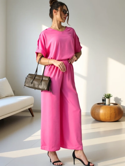 Royalfashion Damen Freizeitset mit einer Bluse mit kurzen Ärmeln und weiten Hosen