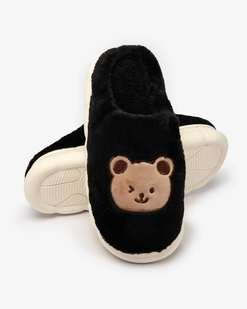 Жіночі хутряні капці Royalfashion чорні з ведмедиком Hettres