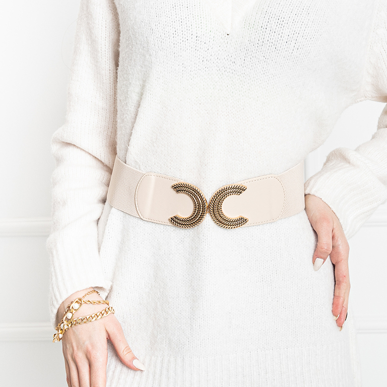 Breiter Damengürtel beige mit großer goldener Schnalle - Accessoires