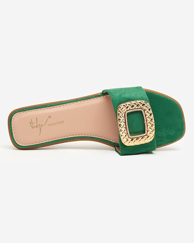 OUTLET Grüne Öko-Wildlederhausschuhe für Damen mit goldener Schnalle Lozi. Schuhwerk
