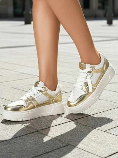 Damen-Sneakers 'Aurelia' Gold-Weiß mit 4cm Plateau - Stil und Komfort