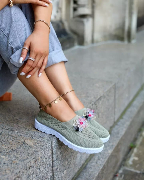 Royalfashion Khaki Damen Stoff Mokassins mit Kristallen Fezens