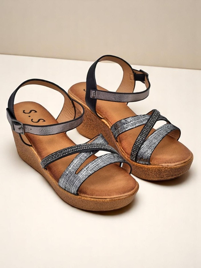 Royalfashion Damen Wedgesandalen mit Strass und Glitzer Eclat