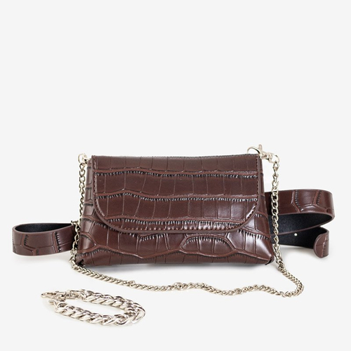 Коричнева жіноча поясна сумка із тисненням під зміїну шкіру - Сумки