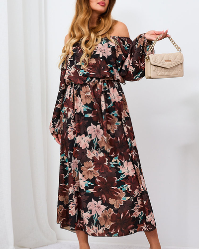 Royalfashion Schwarzes und braunes geblümtes Maxikleid für Damen