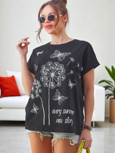 Royalfashion Damen Baumwoll-T-Shirt mit Löwenzahn und einem Schmetterling