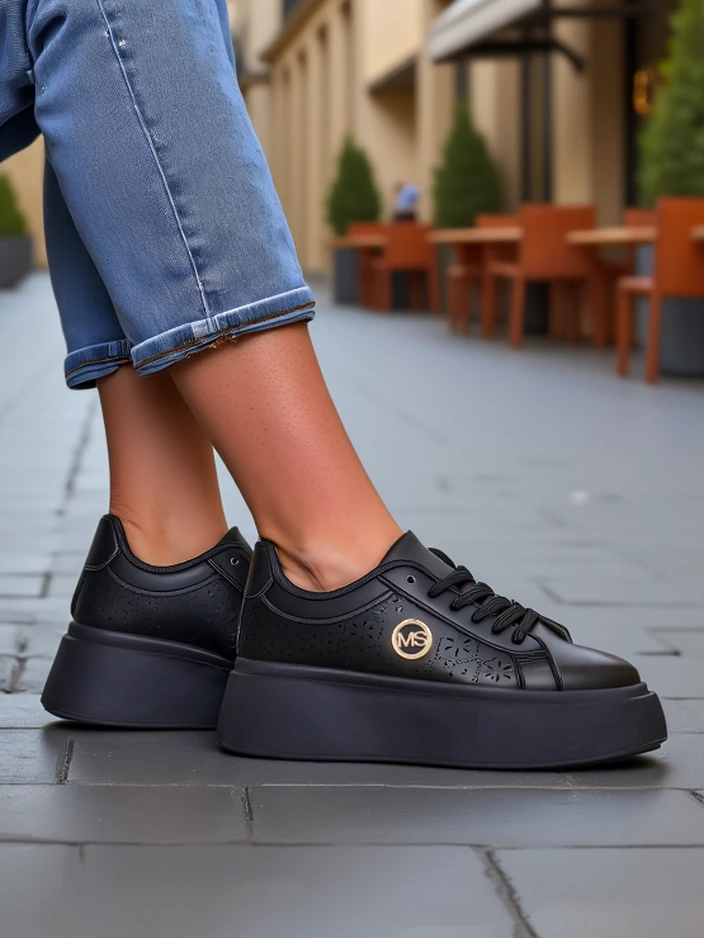 Damen Plateau Sneakers Perseida Royalfashion Schwarz Öko-Leder