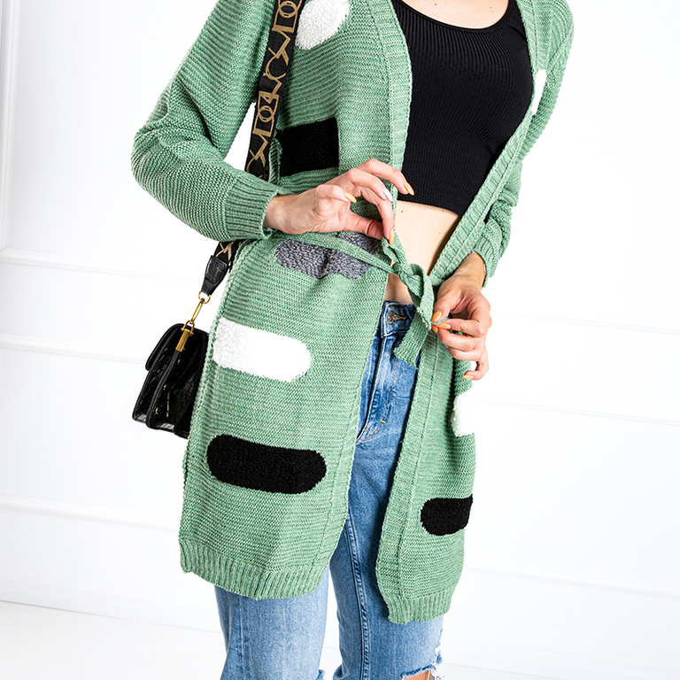 Grüne Damen Strickjacke mit farbigen Streifen - Kleidung