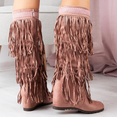 Rosa Stiefel mit Keilabsatz und Bahroma-Fransen - Schuhe