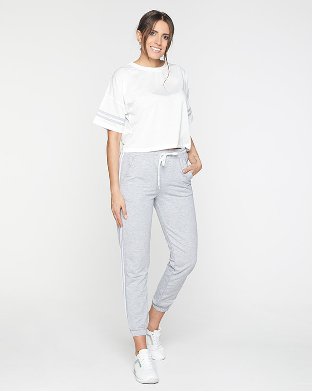 Grau-weißer Damen-Sport-Trainingsanzug mit Streifen - Kleidung