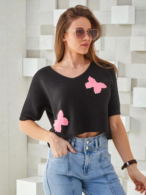 Royalfashion Жіночий бавовняний короткий светр з метеликами