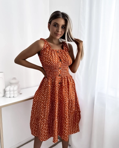Knielanges Damenkleid mit Print in Orange- Kleidung