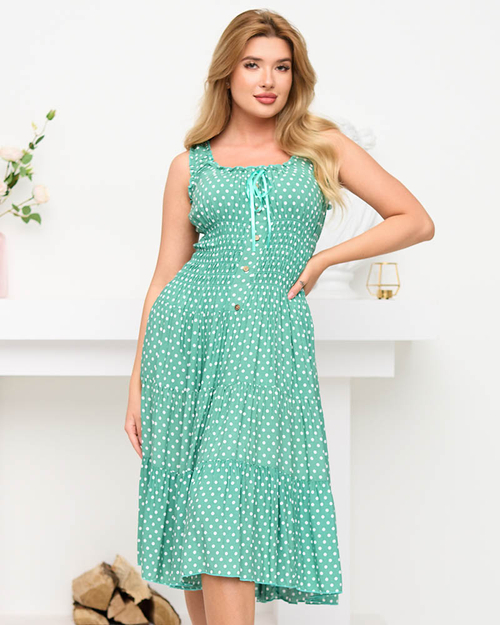 Жіноча зелена сукня в горошок до коліна - Одяг