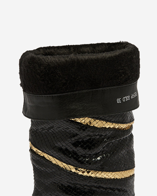 Чорно-золоті жіночі чоботи на шпильці з рельєфними смужками Felifea- Взуття