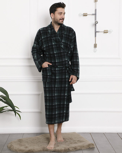 Dunkelgrüner karierter Herren-Bademantel - Bekleidung