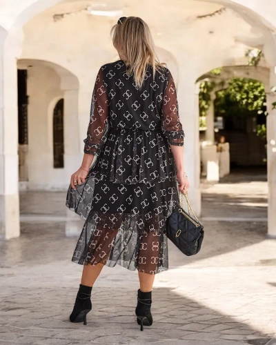 Royalfashion Schwarzes Midikleid aus Mesh mit Print