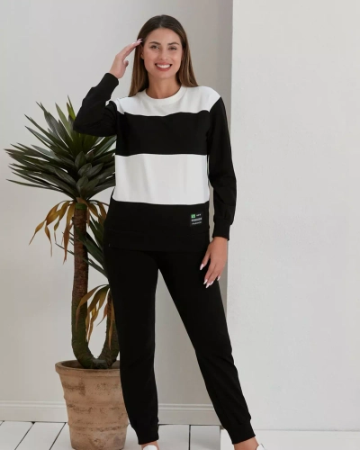 Royalfashion Schwarzes gestreiftes Damen-Sweatshirt-Set