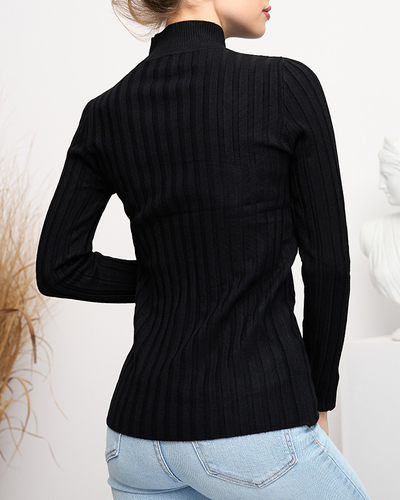 Schwarzer gerippter Damenpullover mit Stehkragen - Kleidung