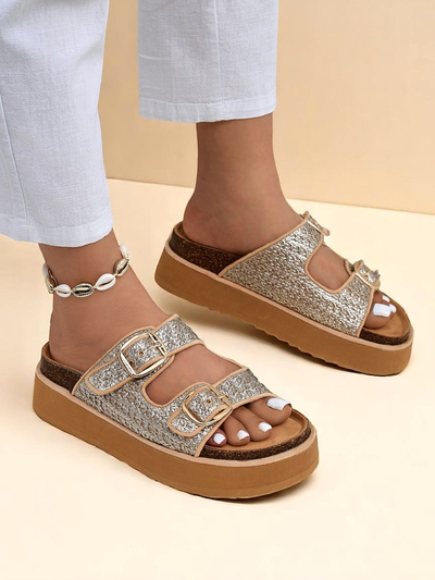 Royalfashion Damen Pantoletten mit Plateausohle Nora Woven