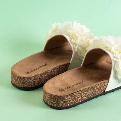 OUTLET Weiße Hausschuhe für Damen mit Blumen Lamani - Schuhe