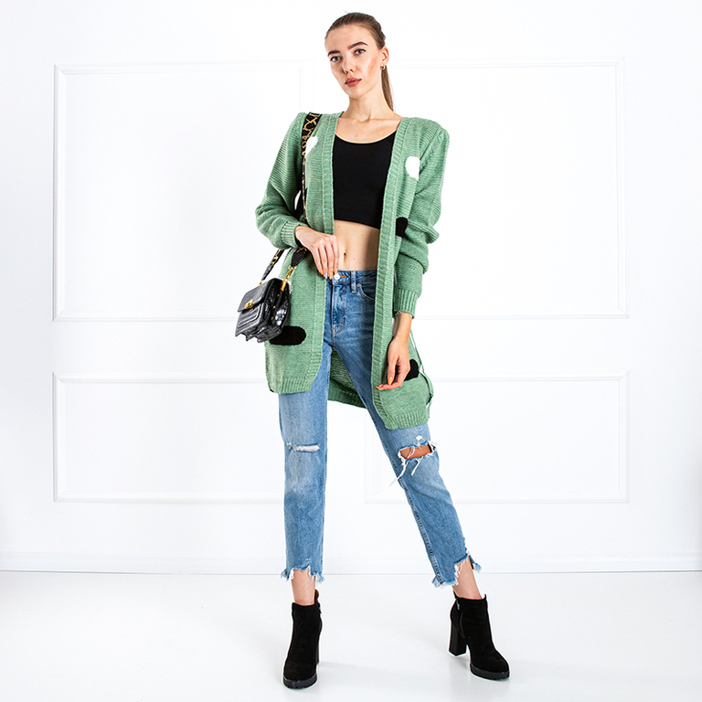 Grüne Damen Strickjacke mit farbigen Streifen - Kleidung