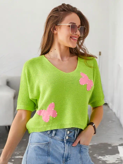 Royalfashion Жіночий бавовняний короткий светр з метеликами