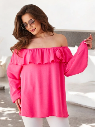 Royalfashion Damenbluse im spanischen Stil mit Rüsche und Blume