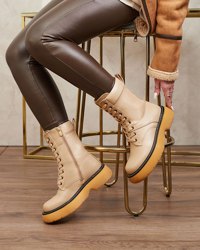 Royalfashion Beige Damen Schnürstiefel mit fester Sohle Diret