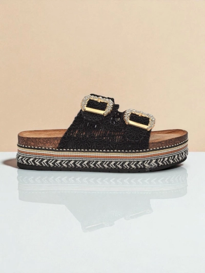 Royalfashion Damensandalen mit Strassschnallen GlamCork