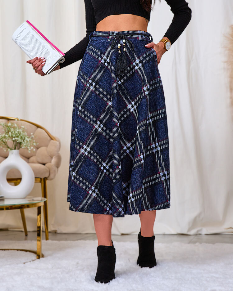 Royalfashion Grauer und roter langer karierter Damenrock