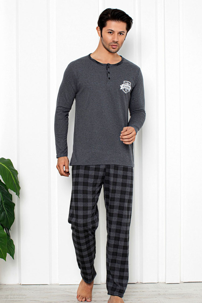 Royalfashion Dunkelgrauer Herrenschlafanzug mit karierter Hose