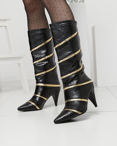 Schwarz-goldene Damenstiefel mit Stilettoabsatz und geprägten Streifen Felifea- Footwear