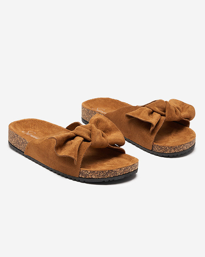 Damenhausschuhe aus Öko-Wildleder mit Schleife in Kamelfarbe Dofro- Footwear