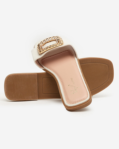 Beige Öko-Wildleder-Slipper für Damen mit goldener Schnalle Lozi - Footwear