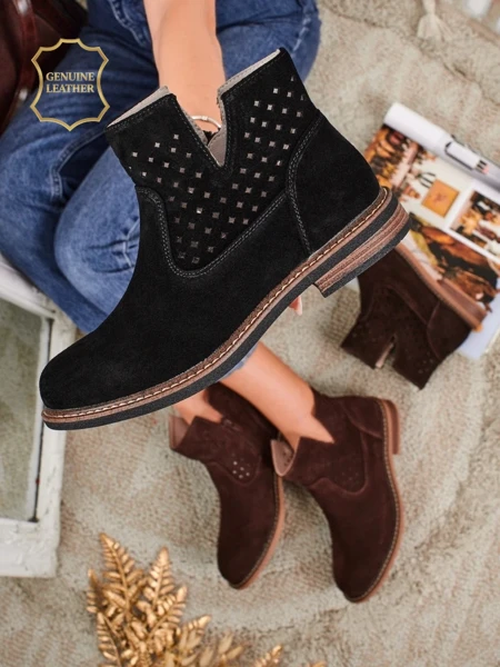 Botki Aurelia Nero zamszowe ażurowe botki damskie płaski obcas 3cm