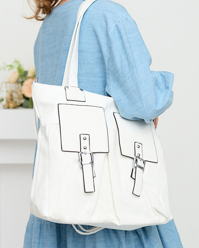 Weiße Shopper-Tasche für Damen mit dekorativen Taschen - Accessoires