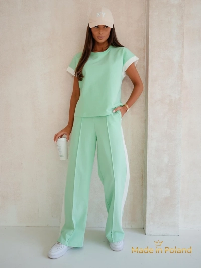 Damen Set Ariadne Mint aus elastischer Baumwolle – Minze, kurze Ärmel, lange Hose