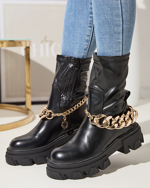 Schwarze Damen-Stiefeletten aus Kunstleder mit Kette Adiza - Footwear